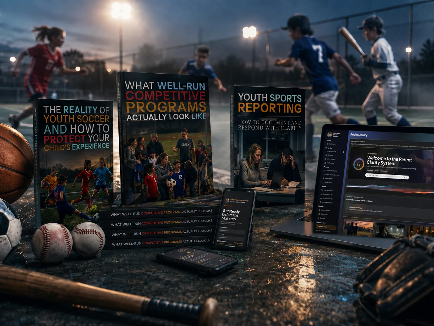 Youth Sports Clarity books, guides, and Parent Clarity Workspace on a youth sports field