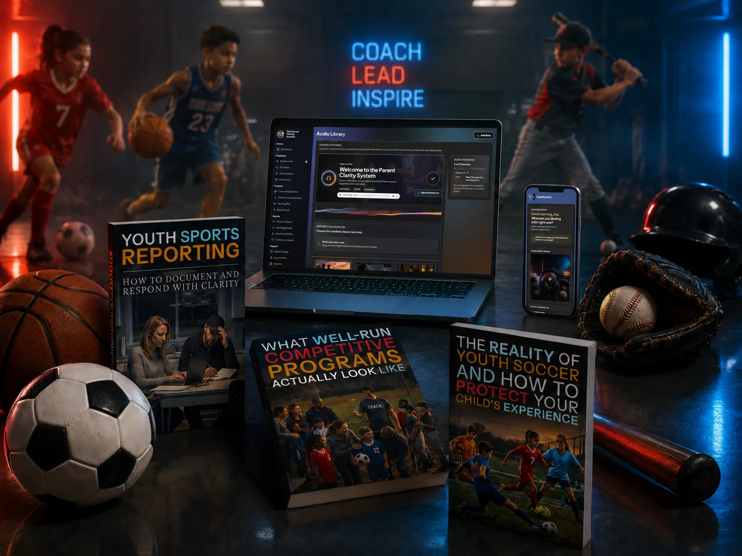 Youth Sports Clarity resources and Parent Clarity Workspace surrounded by youth sports equipment