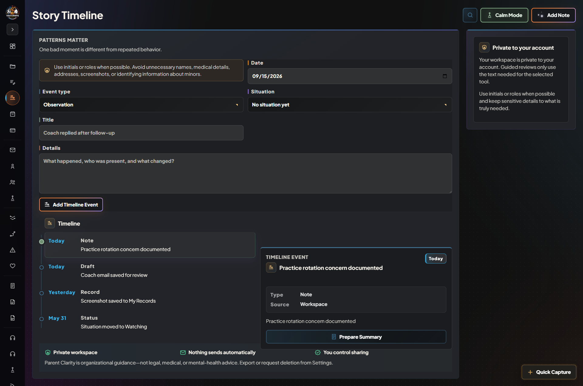 Story Timeline organizes dated events and notes in Parent Clarity Workspace