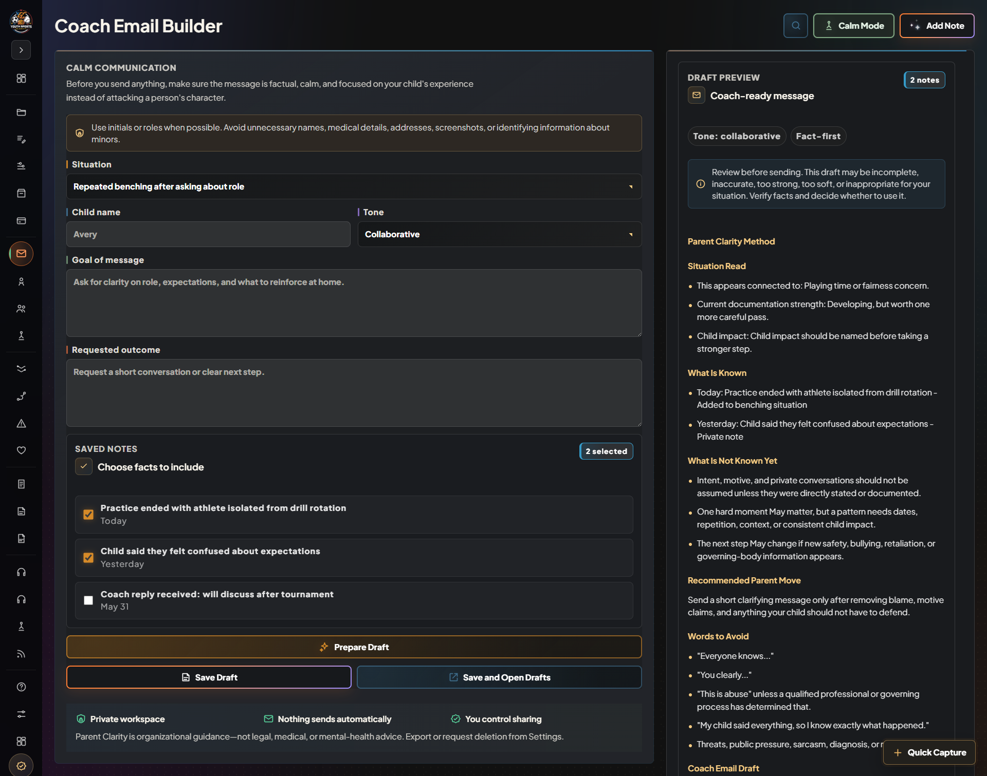 Coach Email Builder with facts, tone, goal, and draft preview