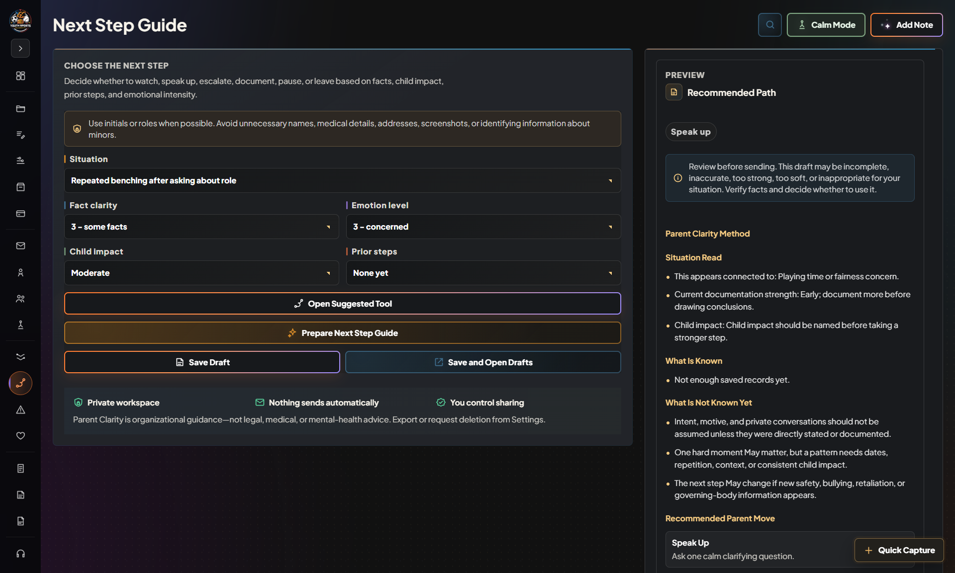 Next Step Guide in the Parent Clarity Workspace