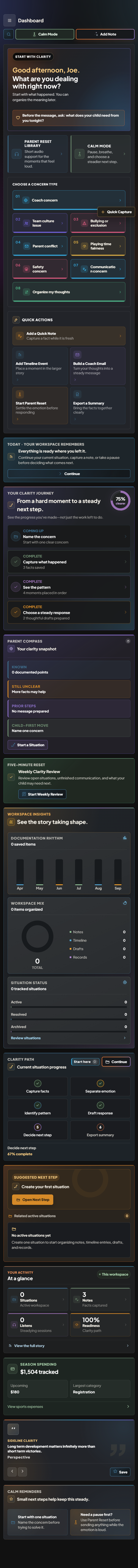 Parent Clarity dashboard on mobile