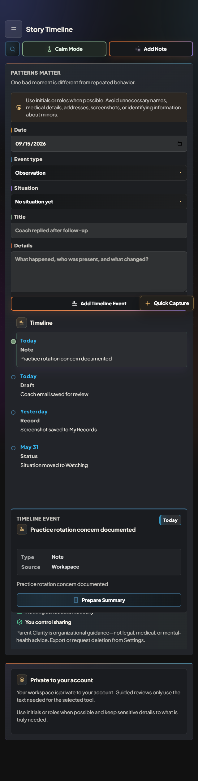 Parent Clarity Story Timeline
