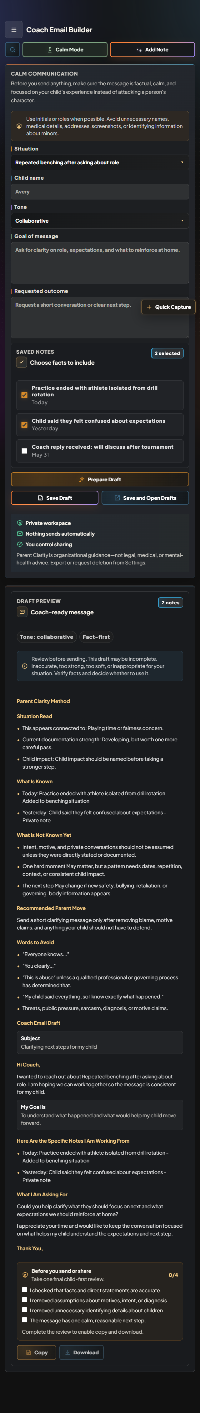 Parent Clarity Coach Email Builder