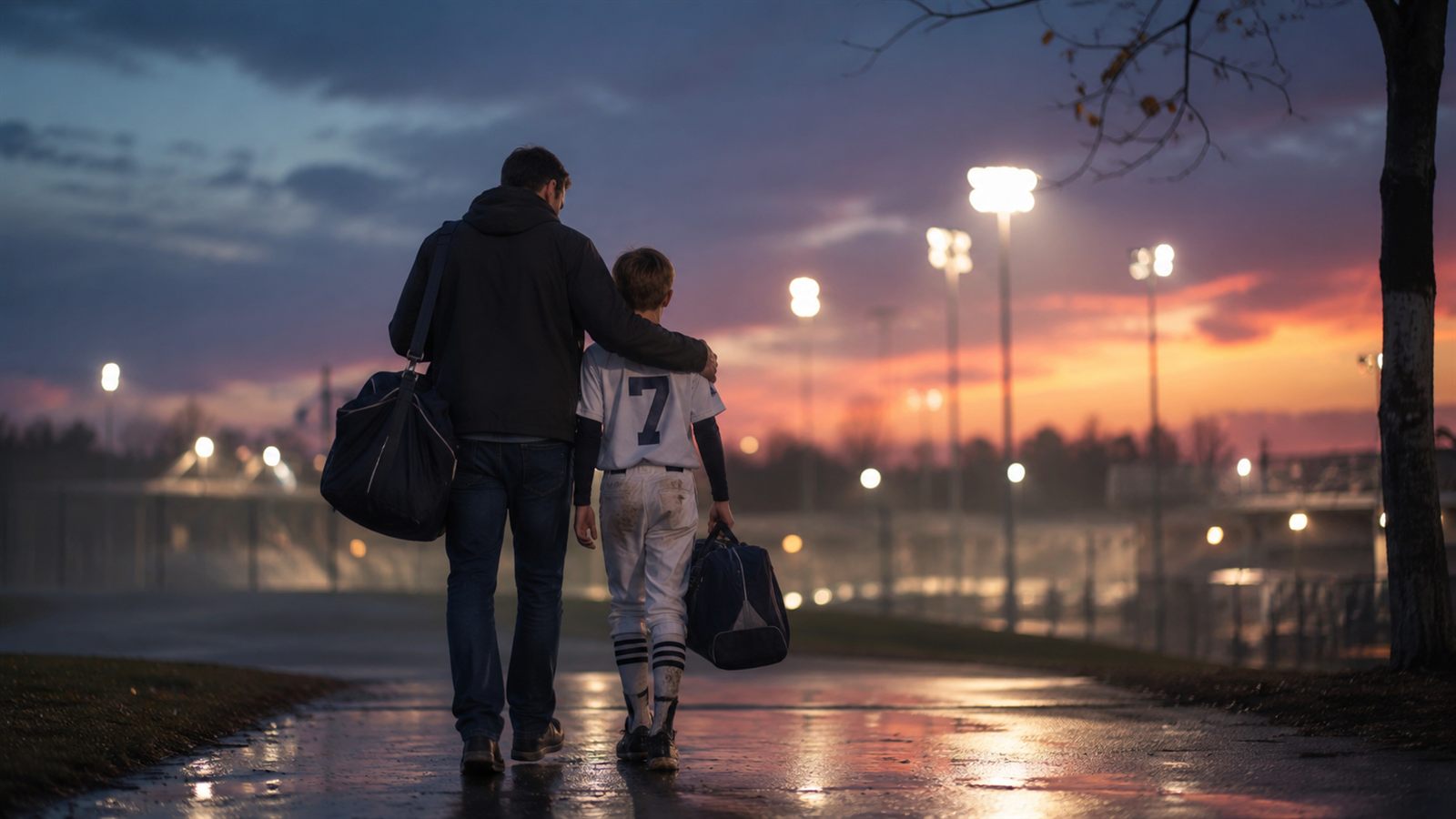 A parent walking beside their young athlete after a night game