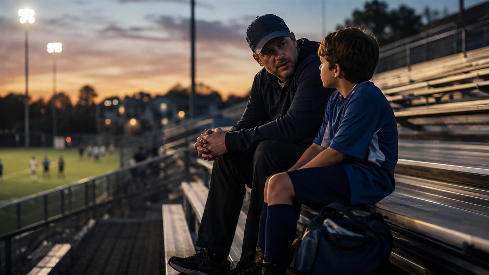 A parent and young athlete talking together on the bleachers