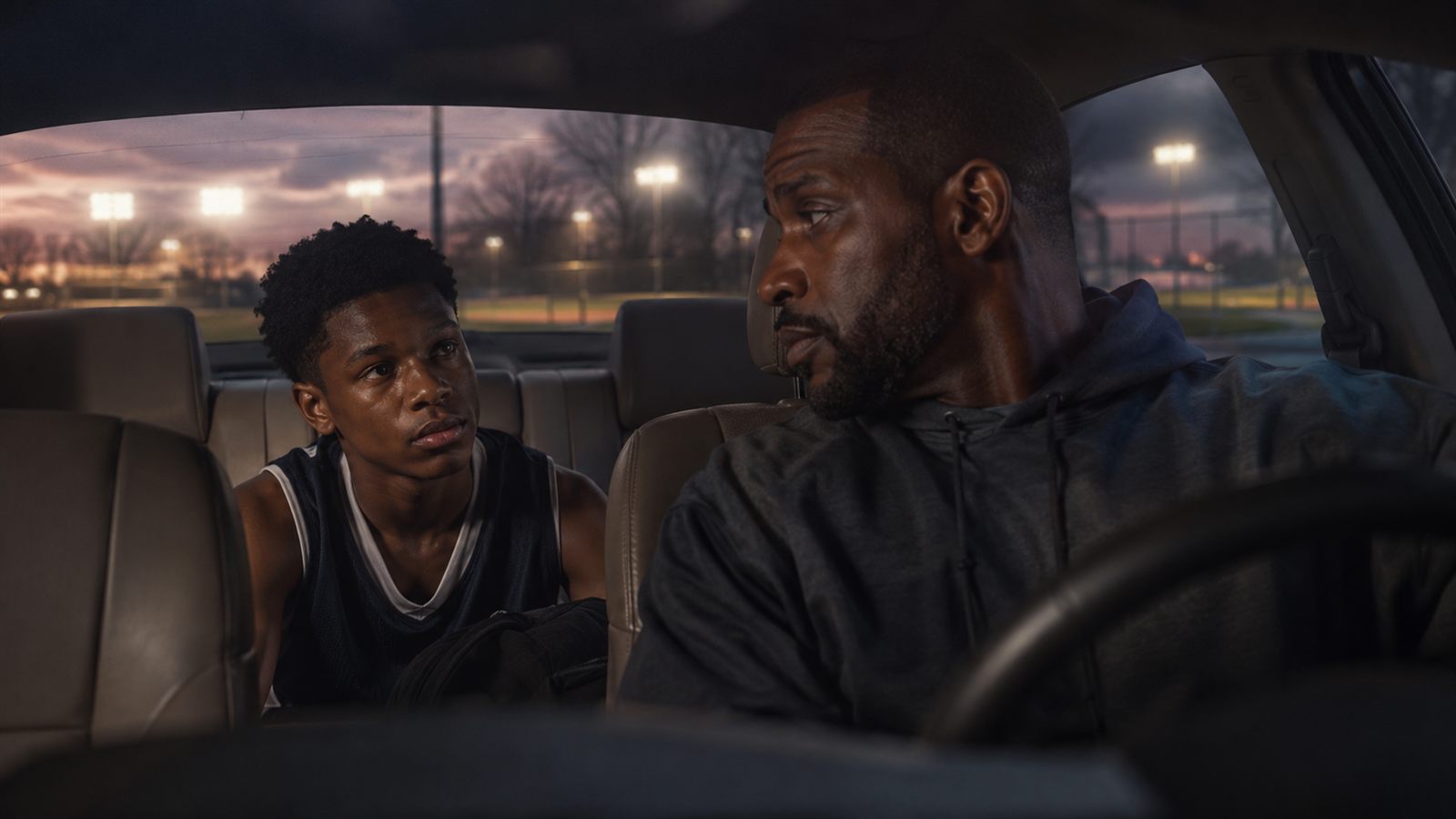 A parent and basketball player talking in the car after a game
