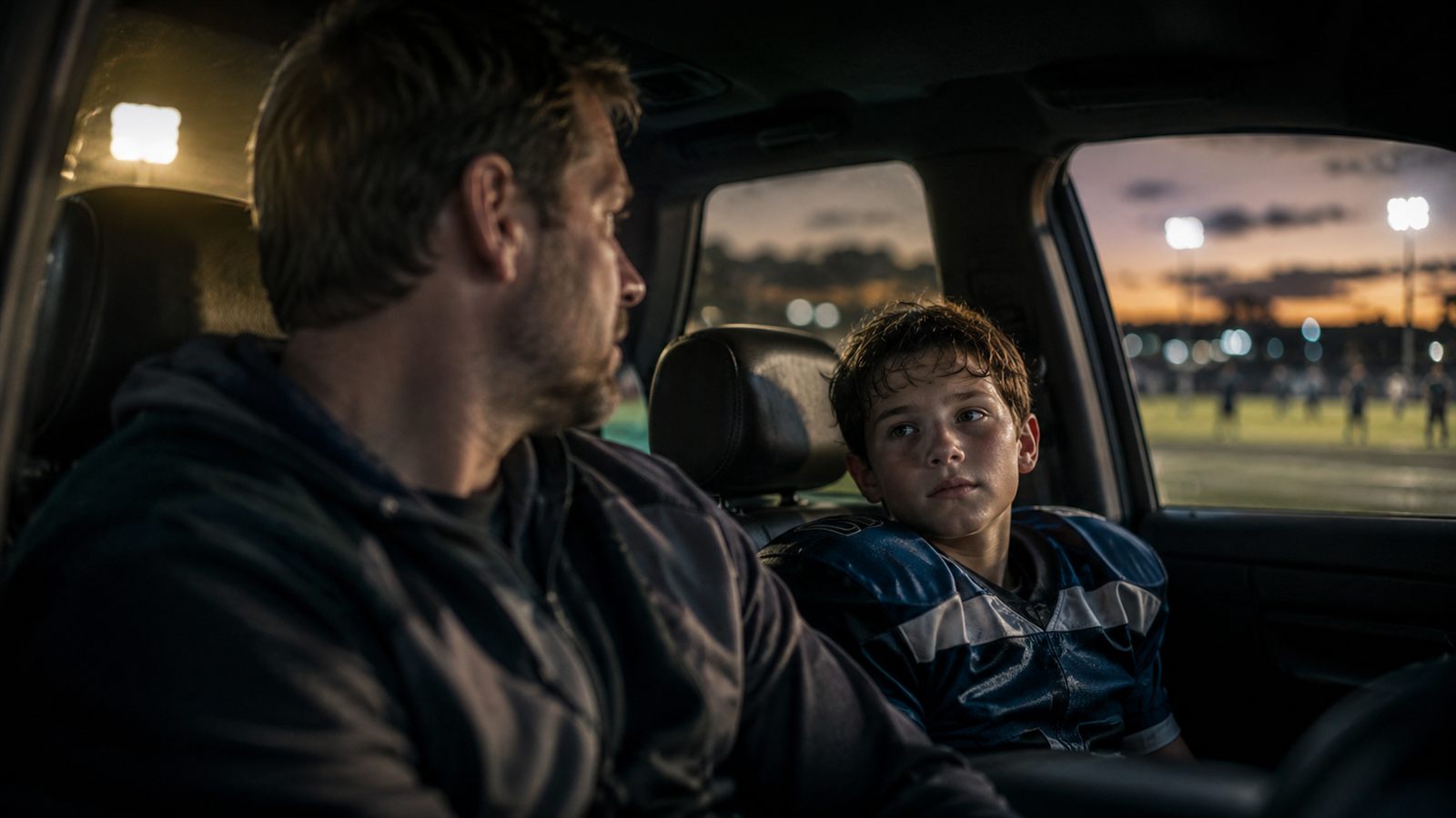 A parent listening to a young football player after a game