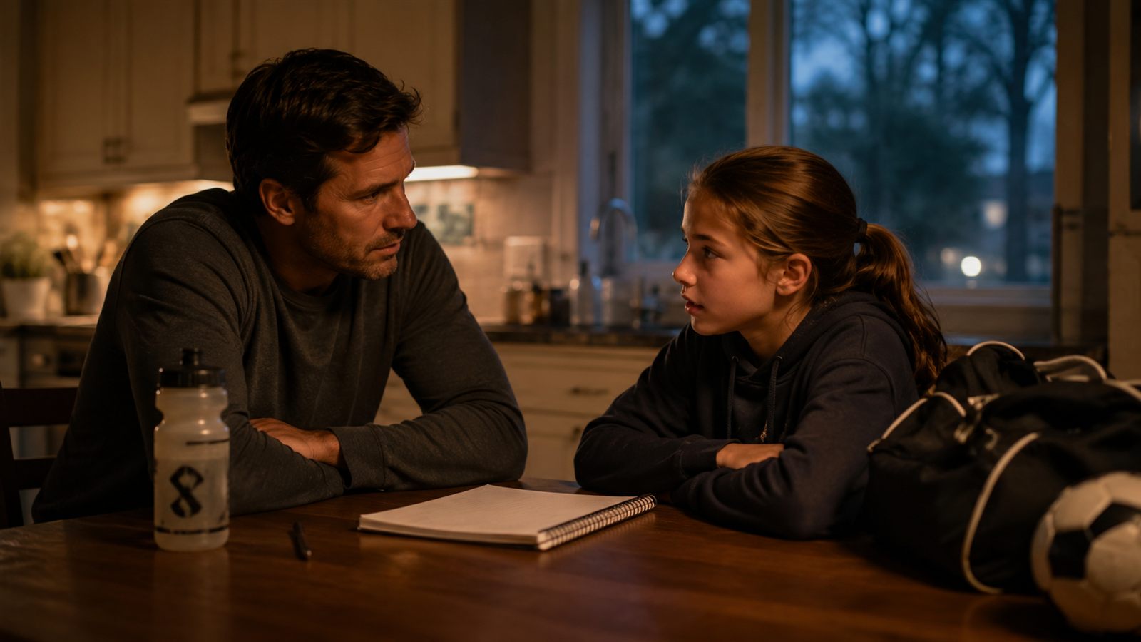 A parent and young athlete having a calm conversation at the kitchen table