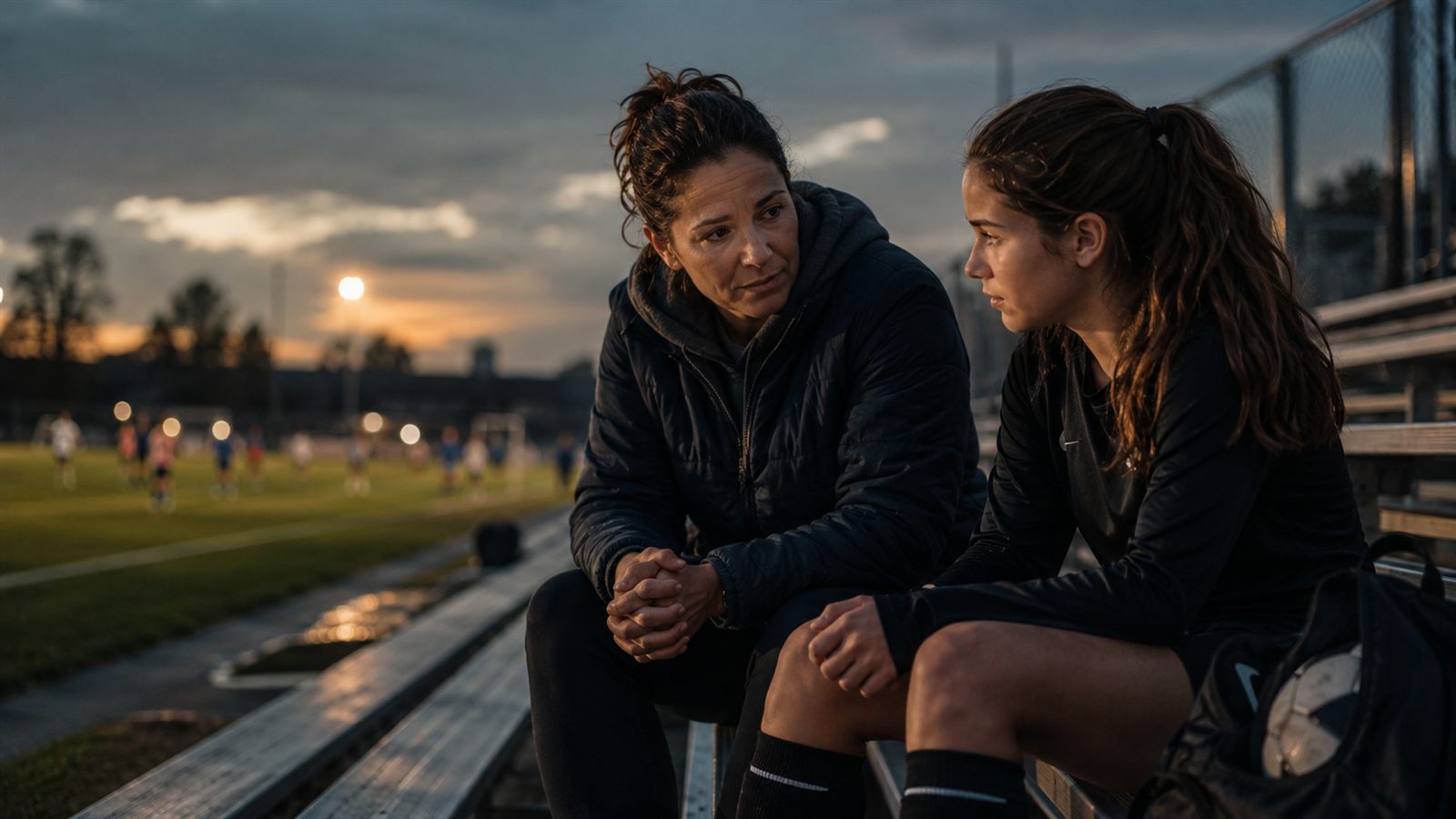 A parent and daughter talking together on the bleachers