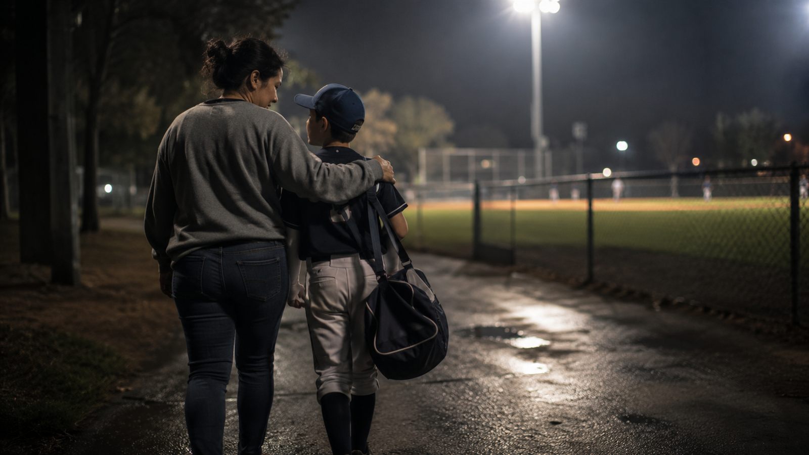 A parent walking beside a young baseball player after a night game