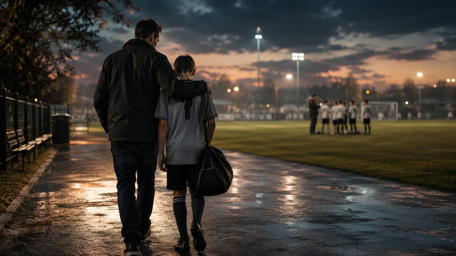 A parent walking beside a young soccer player toward the field